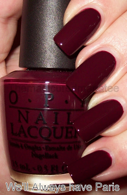 O.P.I. nail polish, color: We'll Always Have Paris (deepest wine creme) Not usually a dark polish fan or any on your fingernails but this color is gorgeous