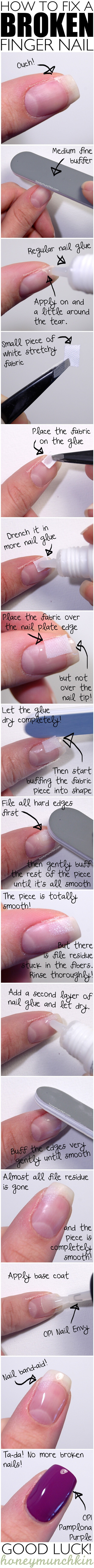 23 Creative Nails Tutorials: how to fix a broken nail with nail glue, white fabric and clear coat and medium file buffer. Great idea instead of having to cut or pull the tip off.