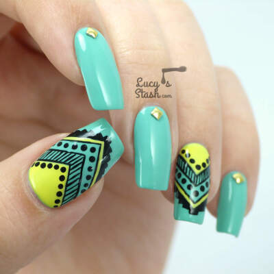 Aztec Tribal Nail Art feat. Graffiti Nails:??Mellow, Pistachio and Jet.