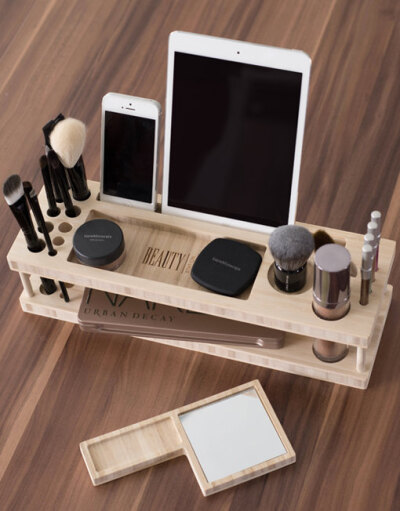 Beauty Station / Wood Makeup Organizer / makeup holder / iPad stand / desk organizer / lipstick holder / iphone