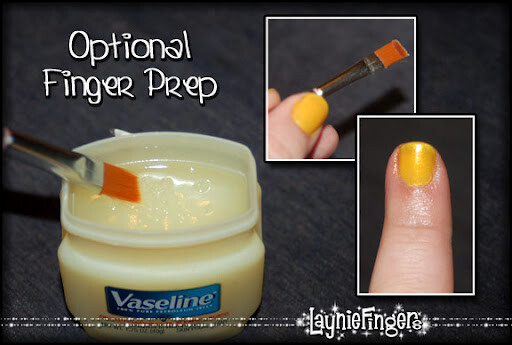 Paint vasaline around fingernails before applying polish, doubles as a softening moisturizer as well as prevents paint on polish on skin.