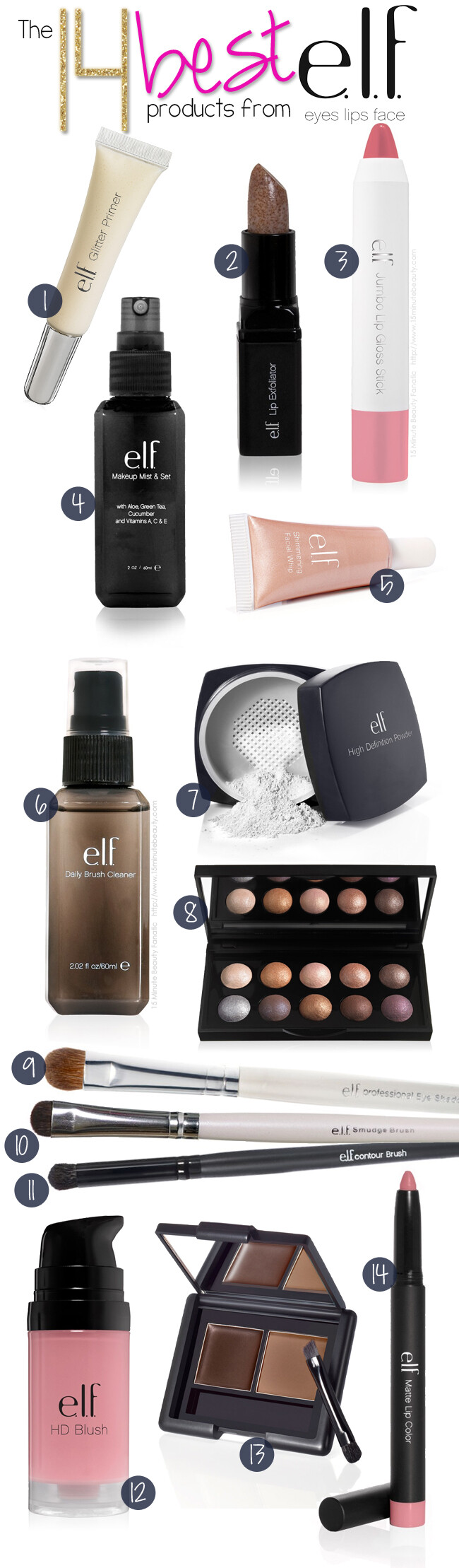 I cannot rave about Elf products enough. By far the cheapest makeup, but it's seriously all high quality, gorgeous, and long-lasting. These are some of their most popular products.