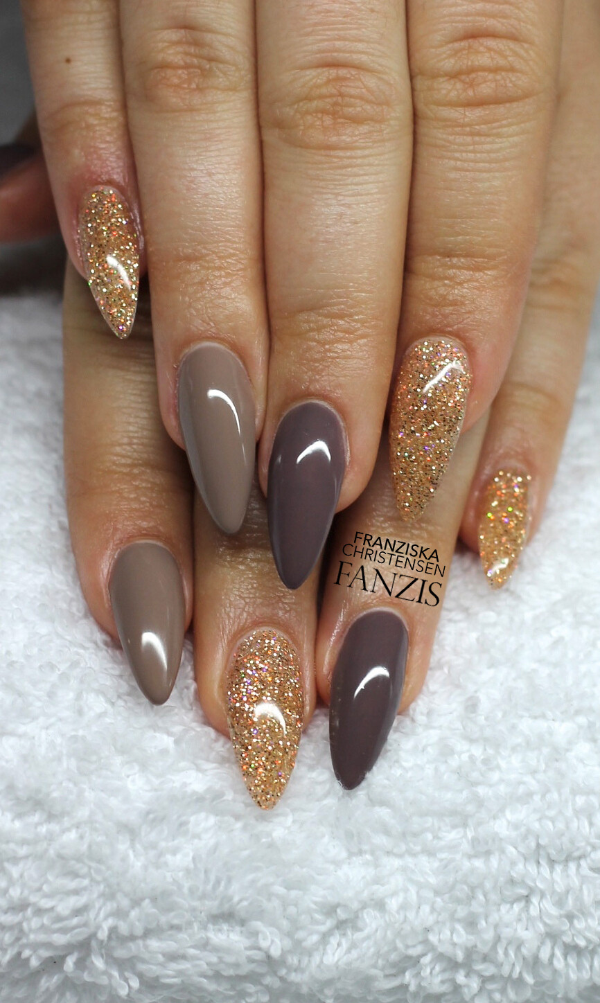 Grey, brown with gold glitter stiletto.