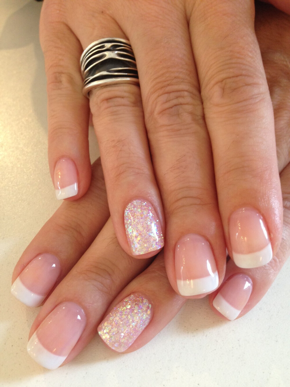 Bio Sculpture Gel French manicure: #87 - Strawberry French (base colour) #3 - Snow White with iridescent glitter feature nail