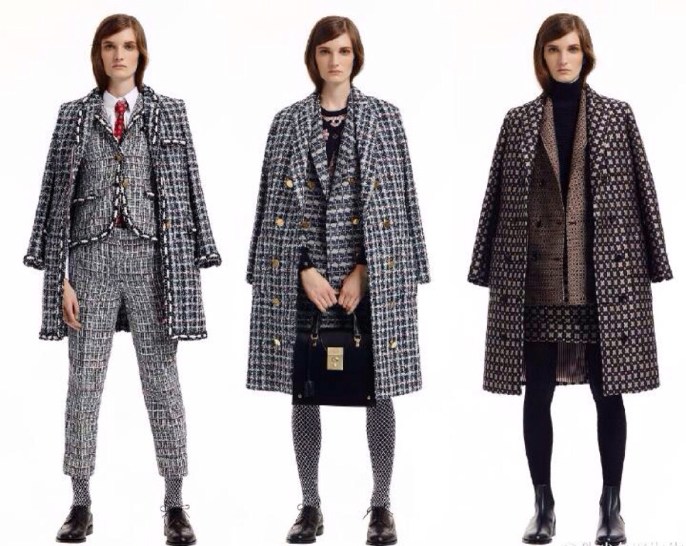 Thom Browne Pre-Fall 2015.看上去刻板的女孩,其實(shí)藏著怪誕趣味的小心思,Thom Browne 2015早秋系列拿出品牌最經(jīng)典的復(fù)古外套與各種款式組合,平底鞋更是少不了單品.雖然飄逸浪漫的柔和依舊是主流審美,但是裝扮成冷靜又文藝的姑娘,也未嘗不是個(gè)變得美好的方法.