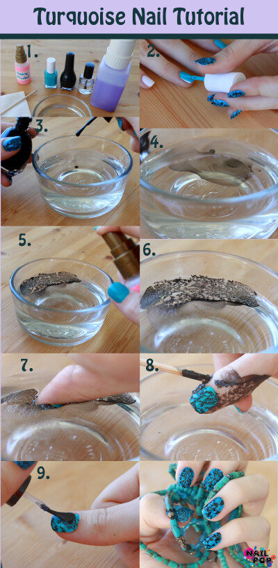 So cool! Put a drop of black nail polish in water and spray with rubbing alcohol for the turquoise stone effect.