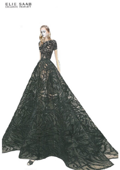 【笔尖时尚】手绘插画 婚纱礼服 Elie Saab 2015 春夏高级订制的手绘稿，华丽大气。设计稿 仙女系