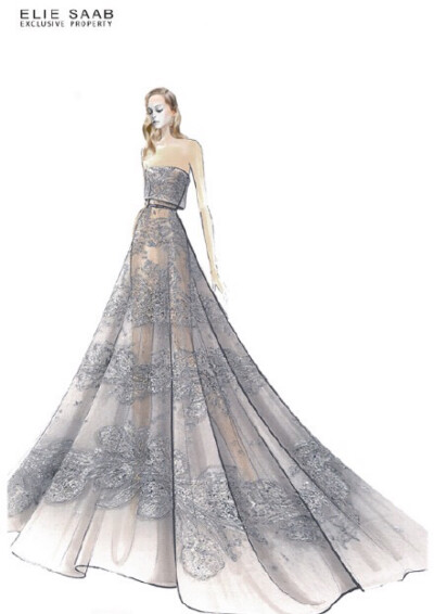 【笔尖时尚】手绘插画 婚纱礼服 Elie Saab 2015 春夏高级订制的手绘稿，华丽大气。设计稿 仙女系