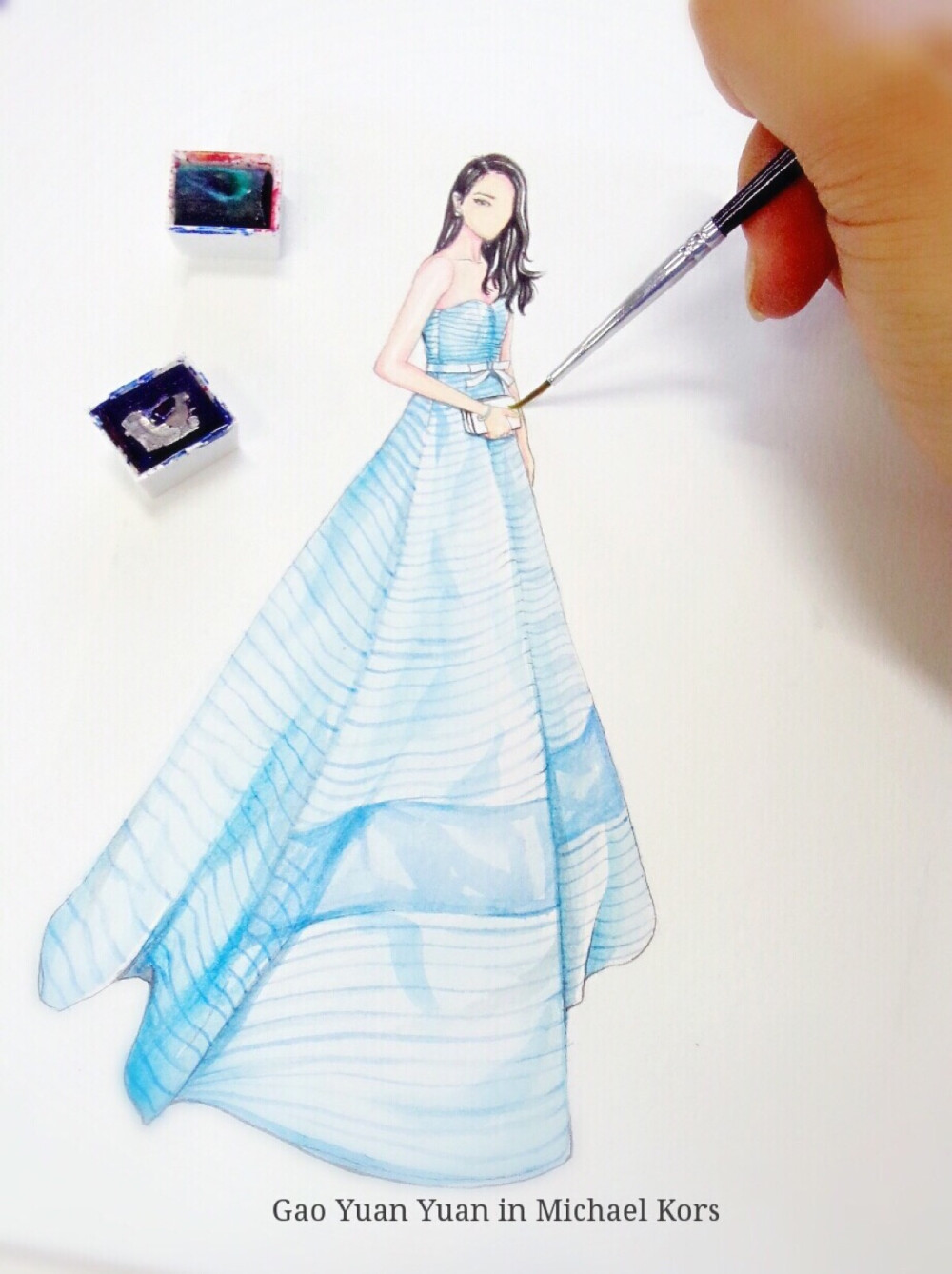 【笔尖时尚】手绘插画 手绘稿，水彩插画。设计 #2015MetBall #水彩手绘 Met Gala2015之中国 · 镜花水月 时尚界的奥斯卡盛宴。高圆圆 by：钮钴禄朱君