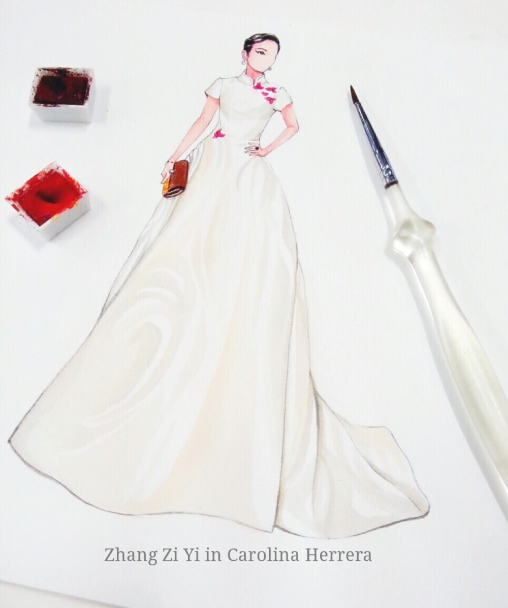 【笔尖时尚】手绘插画 手绘稿，水彩插画。设计 #2015MetBall #水彩手绘 Met Gala2015之中国 · 镜花水月 时尚界的奥斯卡盛宴。章子怡