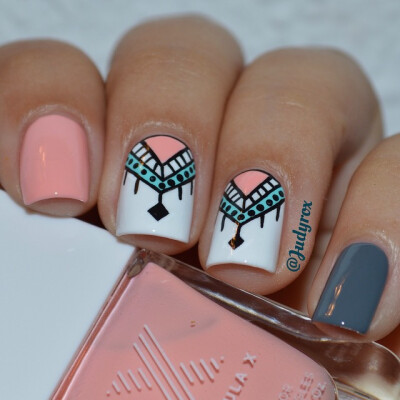 Tribal and geometric nail art. Peach, gray, black, white and green nails. Nail design. Polishes. Polish.