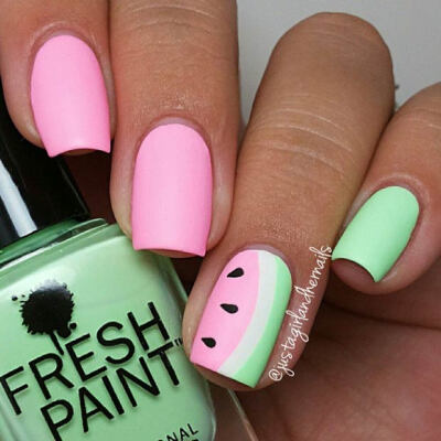 Matte Watermelon Nail Design.I really like the colors.Definitly gonna try this at least once.