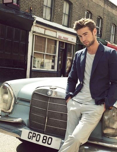 Mr. Chace Crawford in a tee shirt and blazer....but the Mercedes makes it all the better.