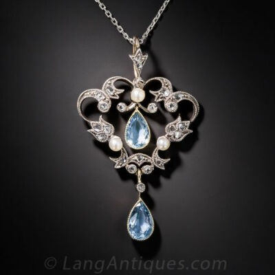 爱德华七世时代的海蓝宝石和钻石领夹式项链