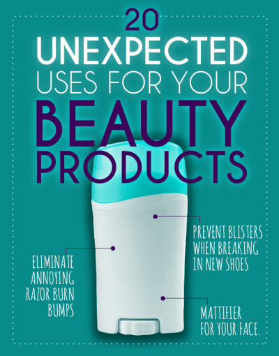 20 Unexpected Uses For Your Beauty Products. Deodorant, conditioner, coconut oil, flat iron, mascara, nail polish, they all have more than one use for hair, makeup and beauty tips and tricks.