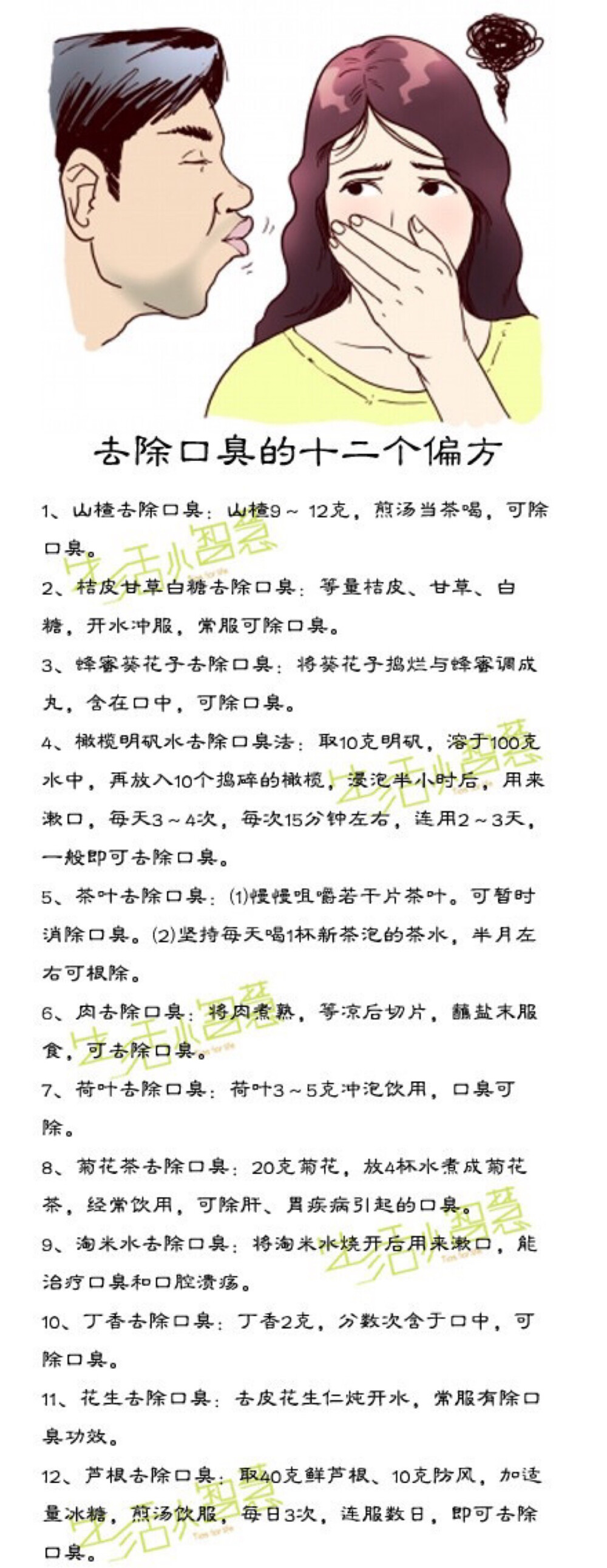 【去除口臭的十二个偏方】口臭是困扰很多人的一个问题，给人们的生活和工作带来了很多的不便。有些人总是奇怪，为什么自己很注意个人卫生却还是会有口臭？不怕，让小智慧来告诉你如何缓解口臭。