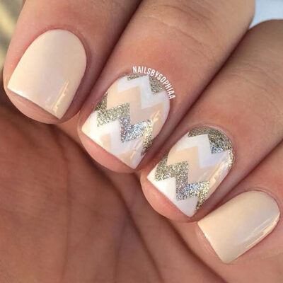 Nude and Gold Chevron Nail Design for Short Nails