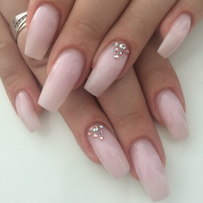 Blush Pink Coffin Nails with Rhinestone accents. Long nails are elegant. Love Love Love #nail #nailart
