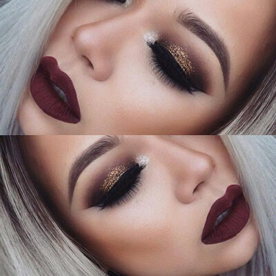 Gold Glitter Eyes + Dark Matte Lips