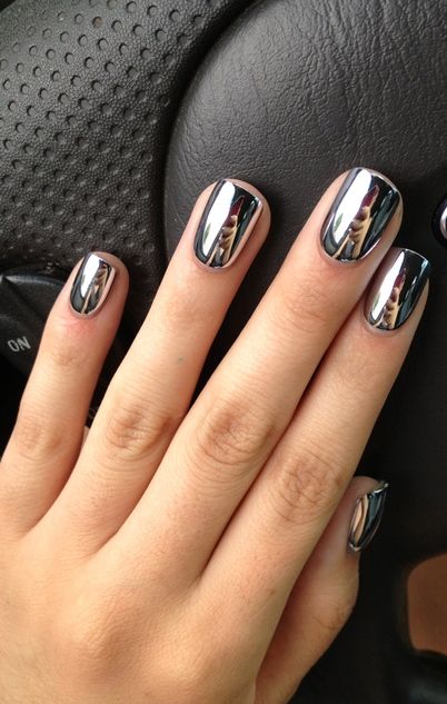 High shine silver metallic dark grey nails