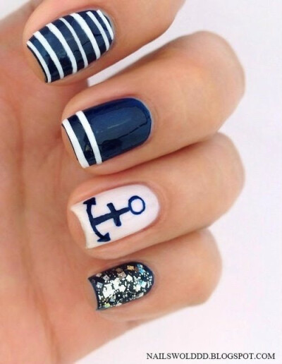 Anchor nail art. Stripes, glitter nails. Nail design. Polish. Polishes.