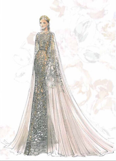 【笔尖时尚】手绘插画 婚纱礼服 设计稿 Elie Saab 2015 秋冬高级订制系列的手绘线稿