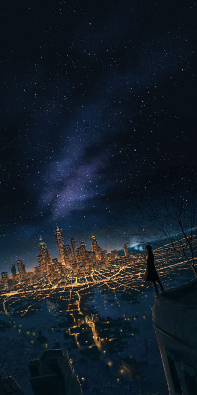 手绘插画 人物 风景 意境 美图 城市 夜景 繁星