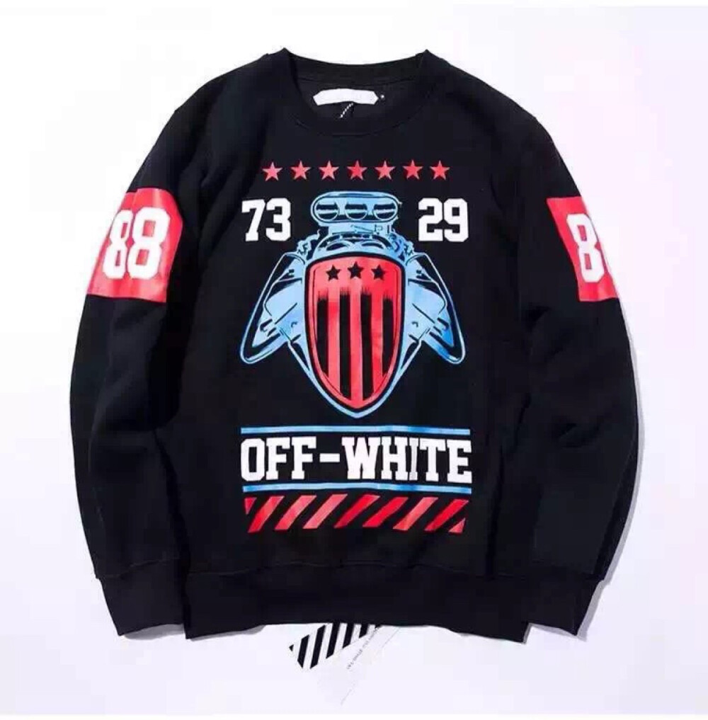 OFF WHITE 2015AW 美式厚版印花 复古机车 数字 抓绒套头卫衣，货号：OFFQD7-O，JG145，M-XL码