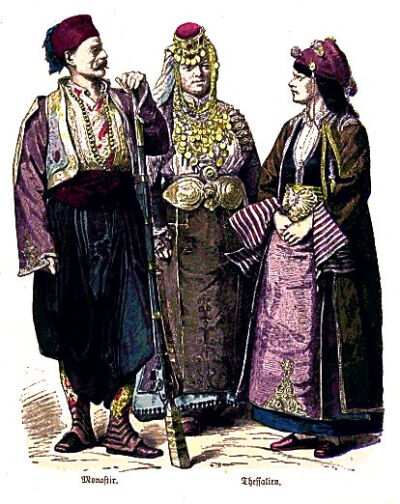 蒙纳斯提（Monastir）地方服饰（左）和贴萨利（Thessaly）地方民族服饰（右）