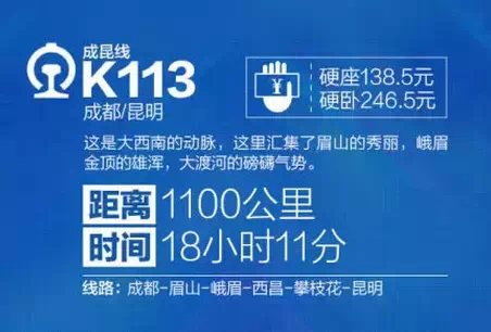 4.西南动脉：从秀美到磅礴 列车：K113 成都-昆明 ▼这是大西南的动脉，这里汇聚了眉山的秀美景色，峨眉山顶的雄浑壮丽，还有大渡河的磅礴气势。 线路：成都-峨眉-西昌-攀枝花-昆明 距离：1100公里 时间：18小时08分