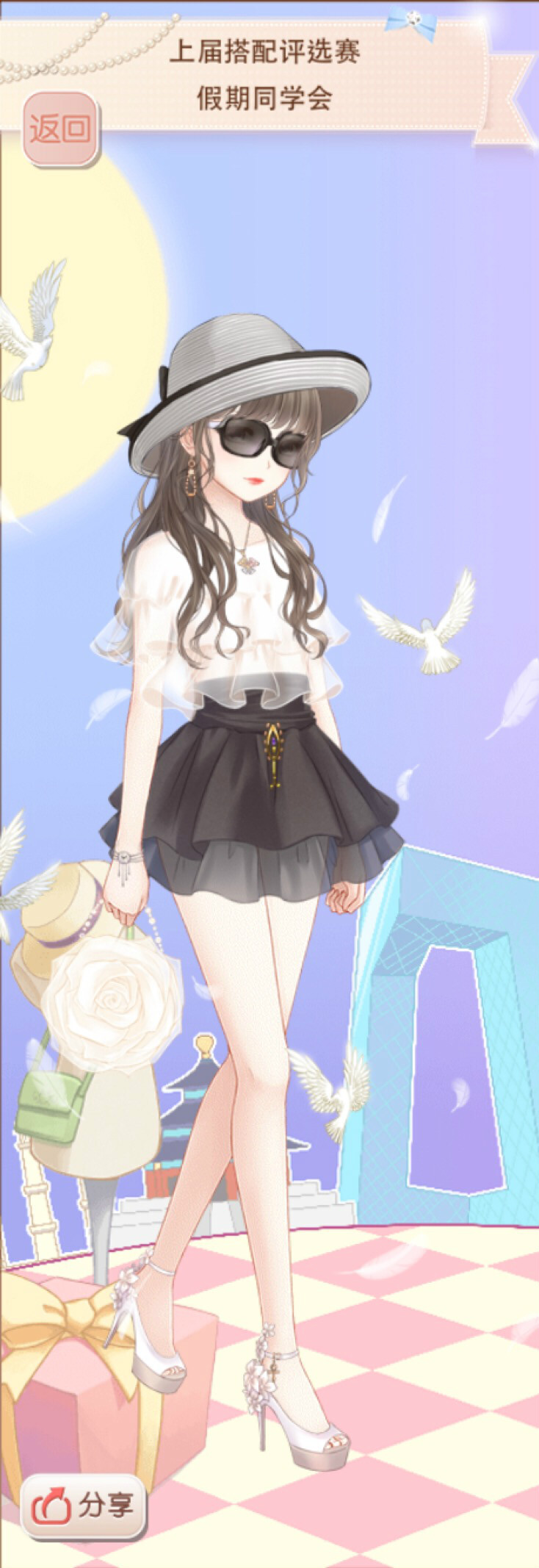 暖暖环游世界 假期同学会 服装设计 插画 少女 小清新 搭配：【贵族千金】【荷叶田田.纯白】【回旋曲】【摇曳生花】【赫本小香风】【樱珠】【三色舞蝶】【光阴流淌】【流光溢彩】【圣鸽空灵】【时尚墨镜】【蔷薇缘】【妆的魔法】