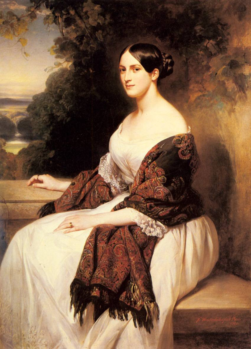 弗朗兹·克萨韦尔·温特哈尔特 Franz Xaver Winterhalter（1805-1873），19世纪中期德国学院艺术派古典主义绘画大师。 1818年，十三岁的温特哈尔特开始研究学习绘画和版画。后到摩纳哥学院学习绘画。十八岁时到慕尼黑寻求发展。在1828年他成为了卡尔斯鲁厄的公爵夫人的绘画大师。 他在德国之外获得成功的机会始于1832年，1833-1834年他到意大利旅行，并很快成为大公国的专职画师。温特哈尔特之后又成为欧洲许多大国的宫廷专职画家，服务于法国国王路易·菲利普，还有英国的维多利亚女王，奥匈帝国和比利时等皇室的宫廷，为国王和皇后画像而著名。