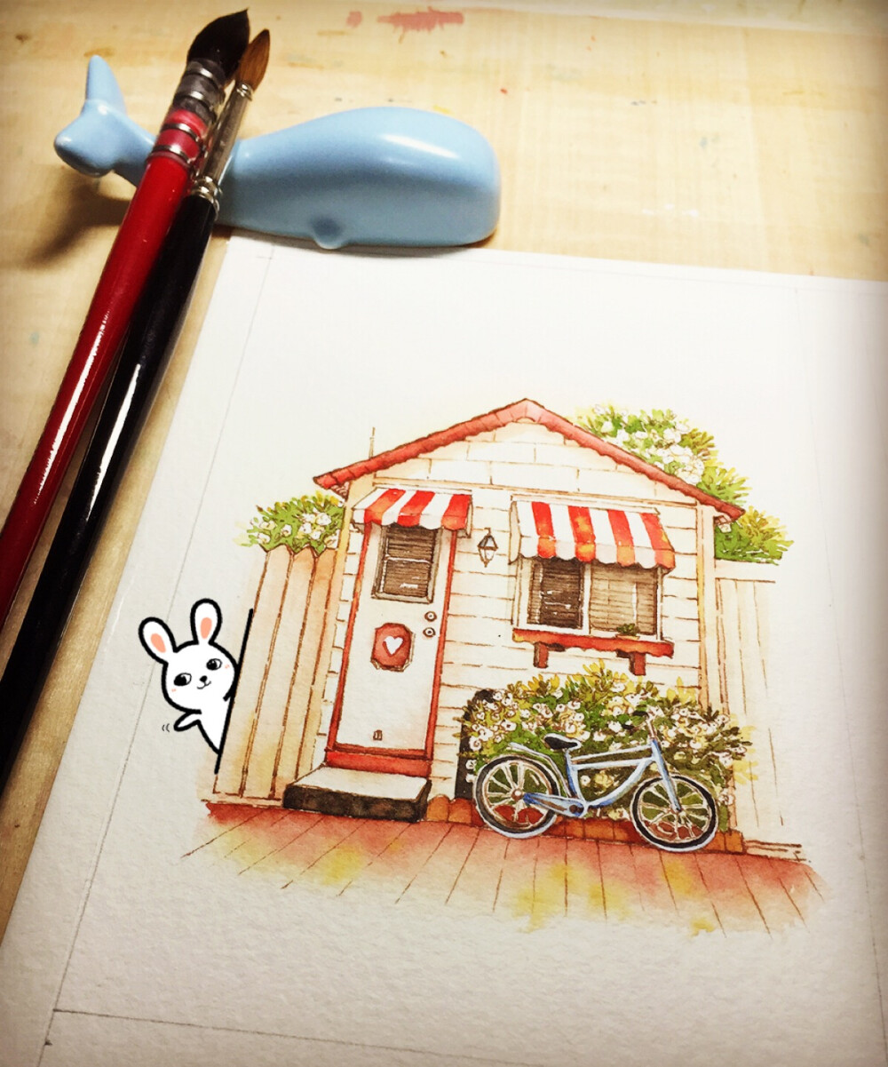 水彩 插画 建筑 小店