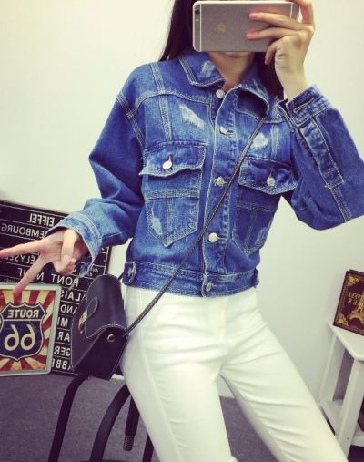 做旧口袋牛仔衣字母刺绣短外套夹克