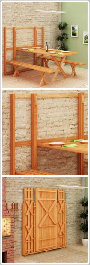 这个非常节省空间的餐桌组合，长椅妥妥贴贴的靠墙收纳起来，不仅收纳方便、丝毫不占用家居空间，简单美丽的实木结构还可兼为装饰之用