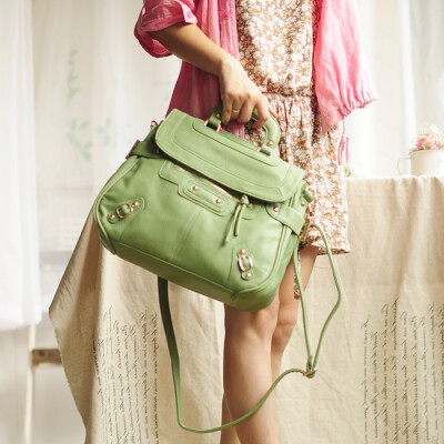 欧美铆钉机车包夏季单肩斜跨荔枝纹时尚休闲女包草绿色手提包