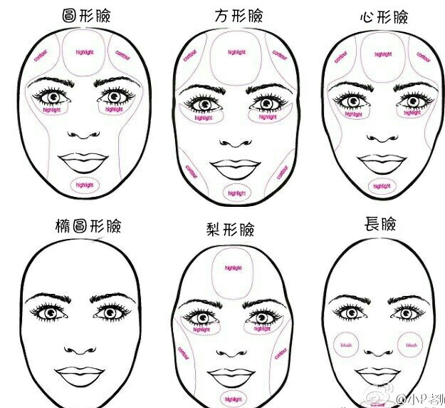 不同脸型，修容时的高光区域分析图