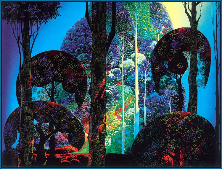 Eyvind Earle（艾温德·厄尔雷），1916年生于美国纽约。 16岁时，父亲让他在每天“读50页书”和“画一幅画”之间做出选择，他选择了画画。21岁时，只身穿越美国，创作了42幅水彩画，记录下了整个旅程。之后举办多次画展，作品都被抢购一空。 1951年，开始为迪斯尼工作，创作背景及调色，参与了《睡美人》等十多部动画作品。