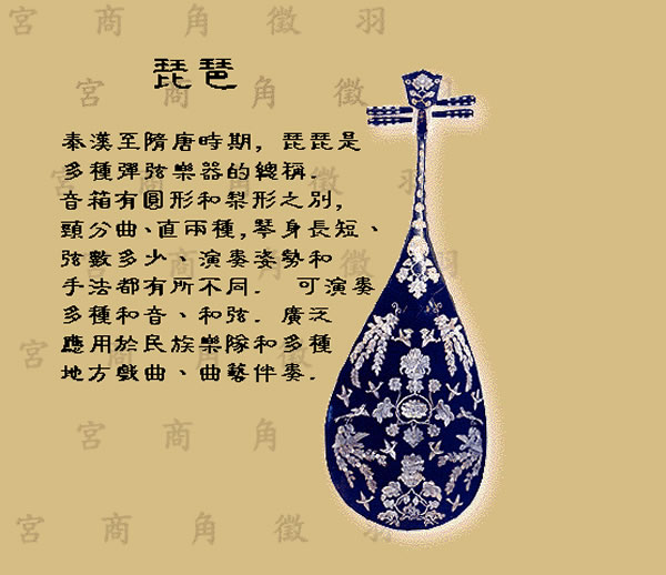 琵琶（英文名&amp;quot;Lute&amp;quot;)，被称为“弹拨乐器之王”、“弹拨乐器首座”， 拨弦类弦鸣乐器。木制，音箱呈半梨形，上装四弦，原先是用丝线，现多用钢丝、钢绳、尼龙制成。颈与面板上设用以确定音位的“相”和“品”。演奏时竖抱，左手按弦，右手五指弹奏。