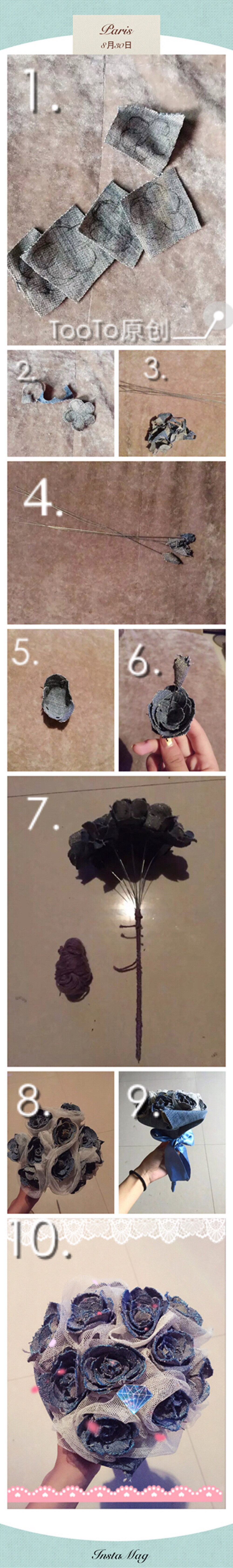 原创 手工DIY 牛仔玫瑰捧花花束 牛仔裤旧物改造 森女系 送闺蜜必备，婚礼必备 超级简单喔