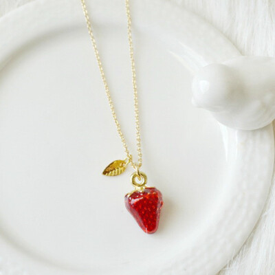 aniko's handmade 甜美日系 草莓 叶子 锁骨链 项链