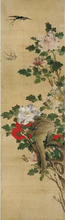 清 陈枚《四季花鸟图屏》牡丹花鸟画立轴 此花鸟屏共八条，绘四季花卉：春桃、夏荷、秋菊、冬梅，配以四时禽鸟。由于作者有西洋绘画的功底，所绘画鸟造型准确，赋色大胆艳丽，栩栩如生。西洋技法加上传统绘画的笔墨意趣，使画面韵律生动，极富表现力。作者为宫廷画家，此八条屏作于雍正丙午，即公元1726年，是年作者因供奉内廷有功，获赏内务府掌仪司员外郎衔。