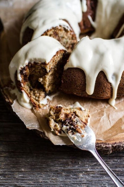 chocolate chip zucchini cake with cream cheese frosting.