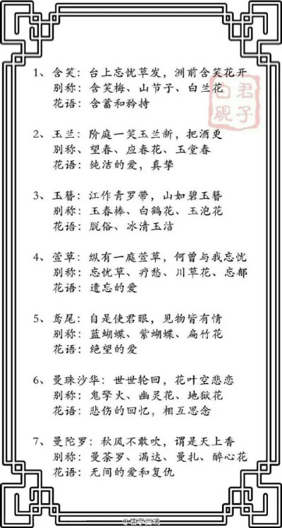 盘点那些名字雅致的花卉 ～… “ 含笑、玉簪、萱草、鸢尾、夕雾、凌霄、朝颜、文殊兰、依米花、琼花……”你最喜欢什么花？ 涨知识！【via古风卷】