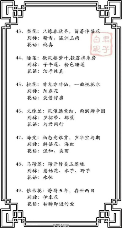 盘点那些名字雅致的花卉 ～… “ 含笑、玉簪、萱草、鸢尾、夕雾、凌霄、朝颜、文殊兰、依米花、琼花……”你最喜欢什么花？ 涨知识！【via古风卷】