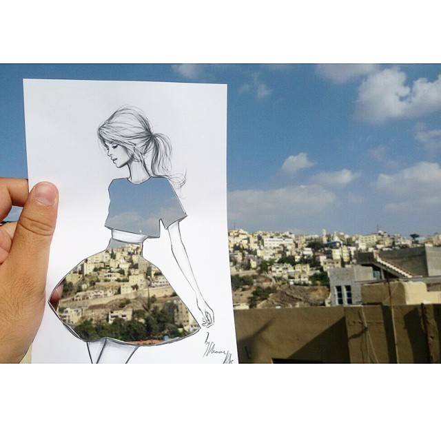 阿拉伯插画师shamekh把插画上的服装镂空后，放在自然景色前，礼服看起来依旧很美。。。