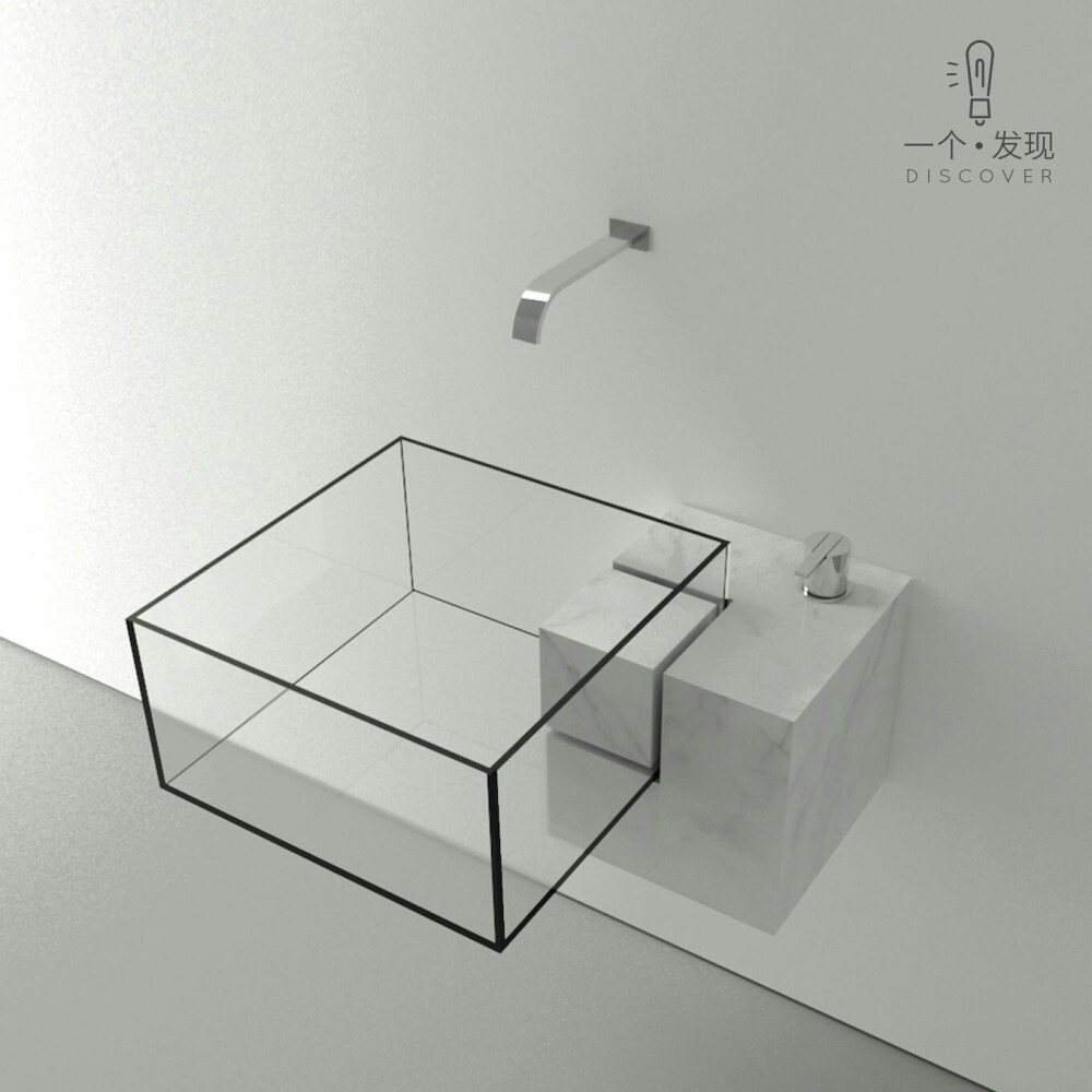 ［全透明水池］保加利亚设计师Victor Vasilev设计的洗手池只用到了玻璃和大理石两种材质，用最简单的直线条进行组合体现了最自然、最纯净、最简洁的设计理念。