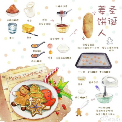 圣诞姜饼人 手绘 水粉 步骤图 via 姜老刀
