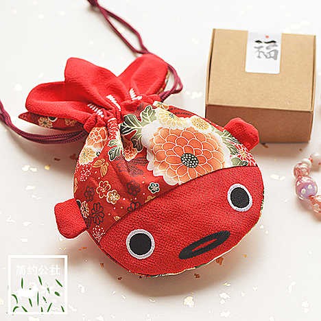 金鱼束口袋带尾巴日式和风绉布布艺抽绳袋收纳化妆手机包福袋25G