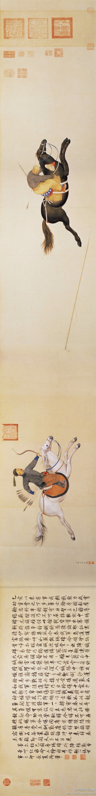 【 清 郎世宁 《画玛瑺斫阵图》 】卷，纸本设色，38.4x285.9cm，台北故宫藏。玛瑺为清军平定西域战争的立功者，曾随副将军富德讨伐准葛尔部叛乱。卷后为乾隆御笔颂扬玛瑺事迹，并下令描绘玛瑺事迹以为表扬。画中玛瑺…